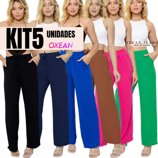 Kit 5 Calças Feminina Pantalona Cintura Alta Tecido Duna