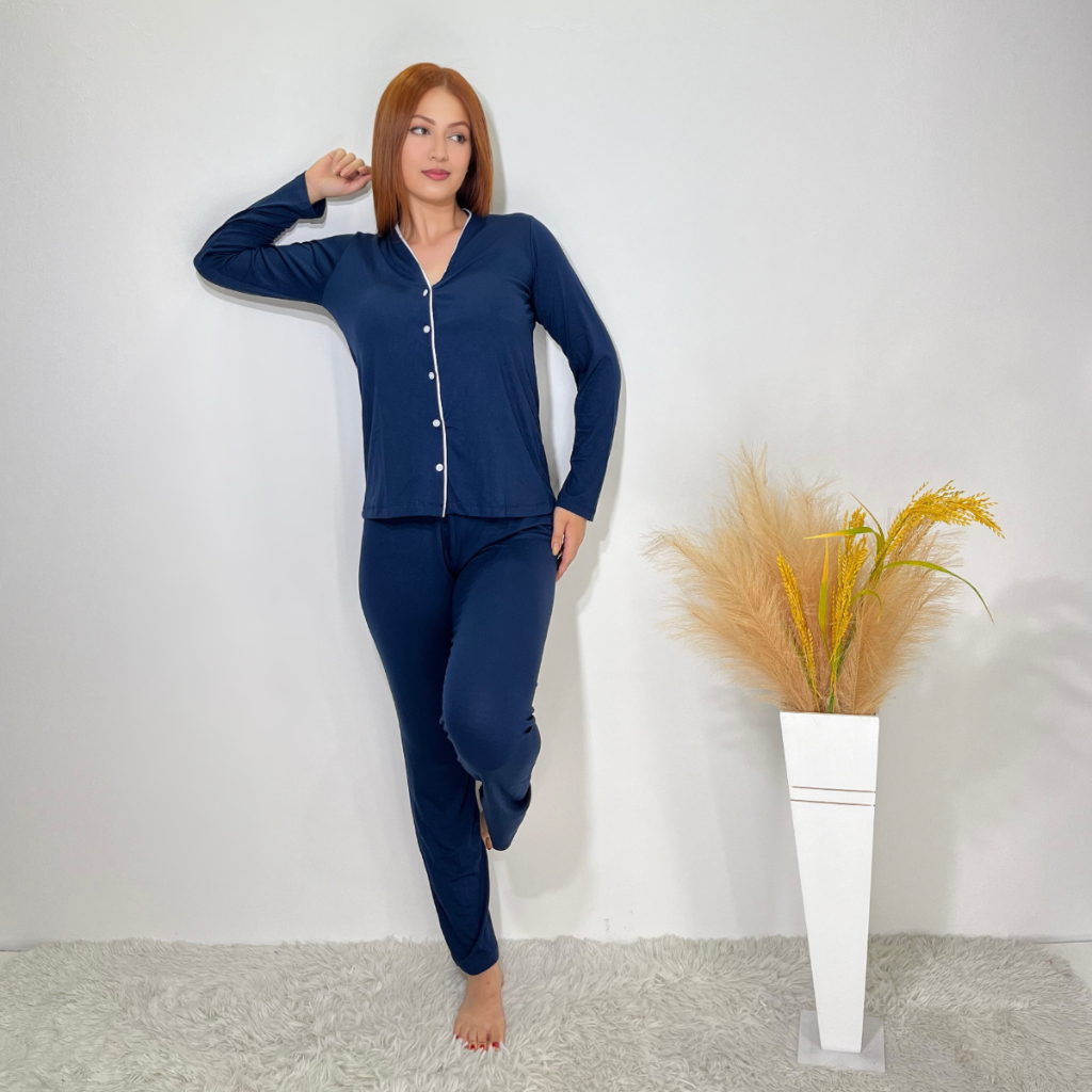 Pijama Feminino Conforto Americano inverno com botões adulto em Oferta na Shopee