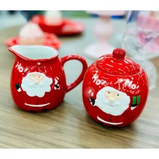 Kit De Porcelana Porta Açúcar Com Mini Leiteira De Natal Papai Noel Natalino Mesa Posta