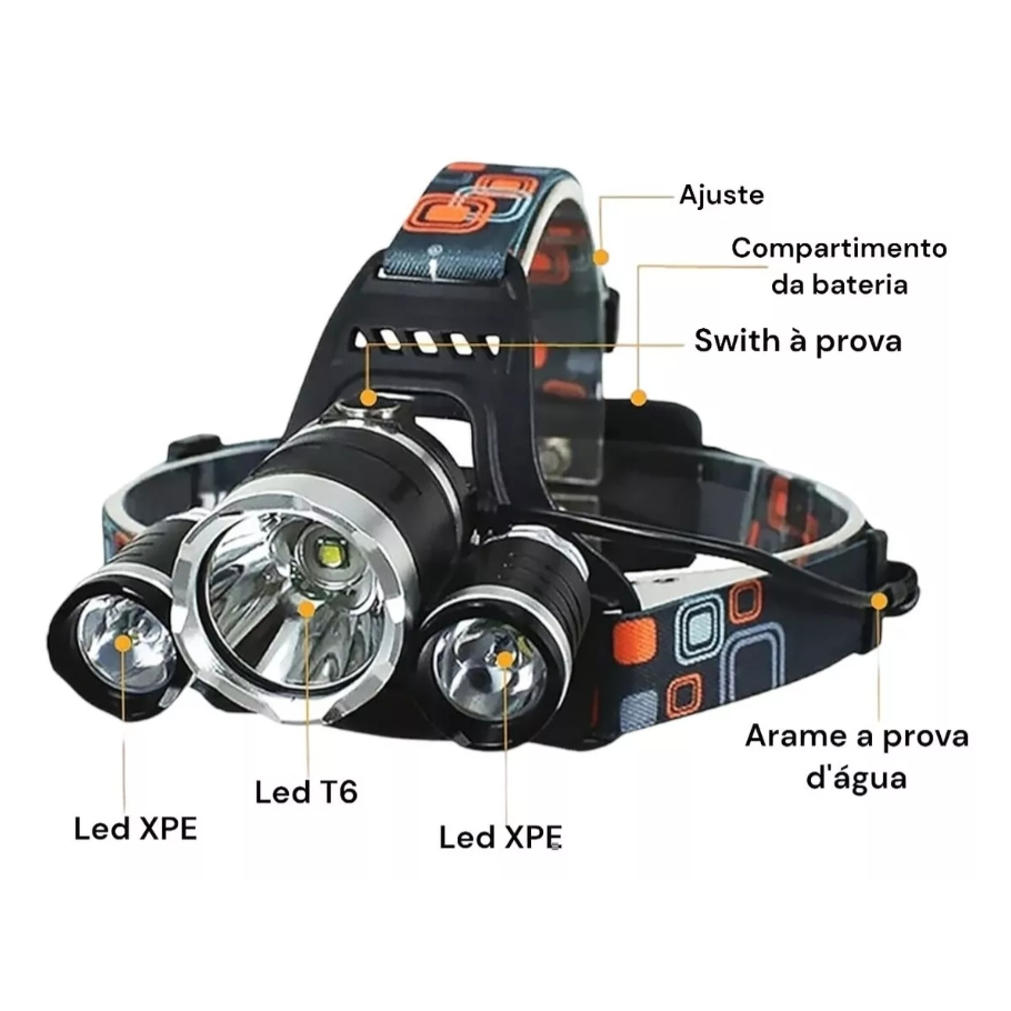 Lanterna Cabeça Profissional Com 3Led Super Potente Recarregável