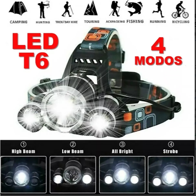 Lanterna Cabeça Profissional Com 3Led Super Potente Recarregável