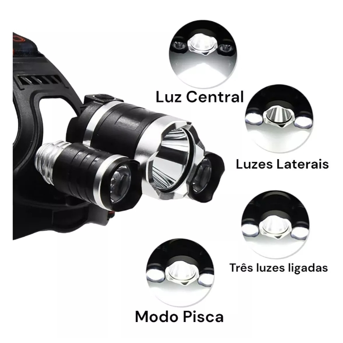 Lanterna Cabeça Profissional Com 3Led Super Potente Recarregável