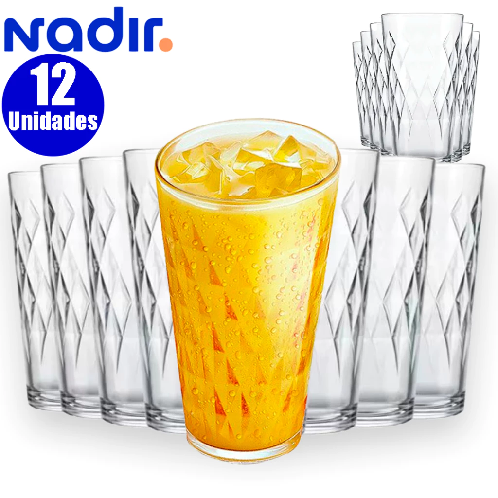 Jogo 12 Copos Vitrage Vidro 350ML Long Drink Transparente Suco Agua Refrigerante Nadir Duralex