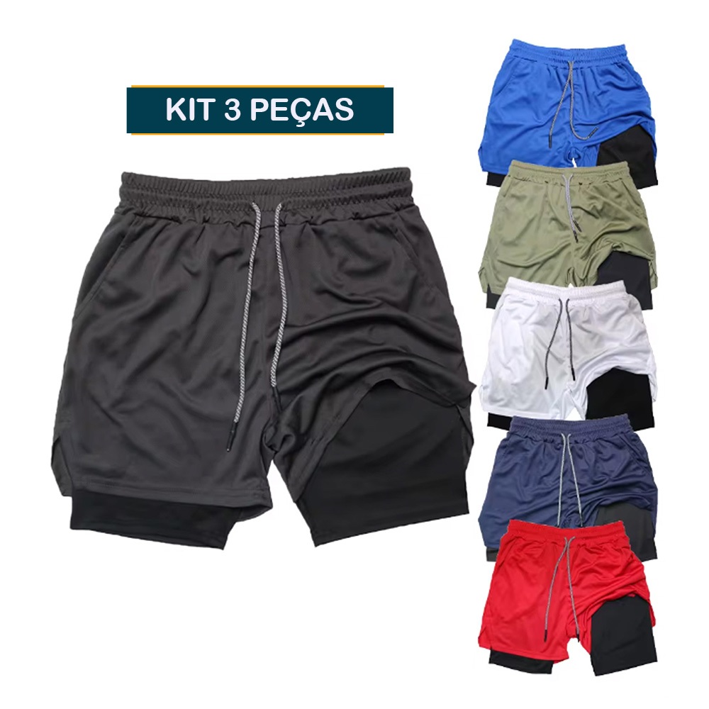 KIT 3 Shorts Masculino 2 em 1 Corrida Forrado