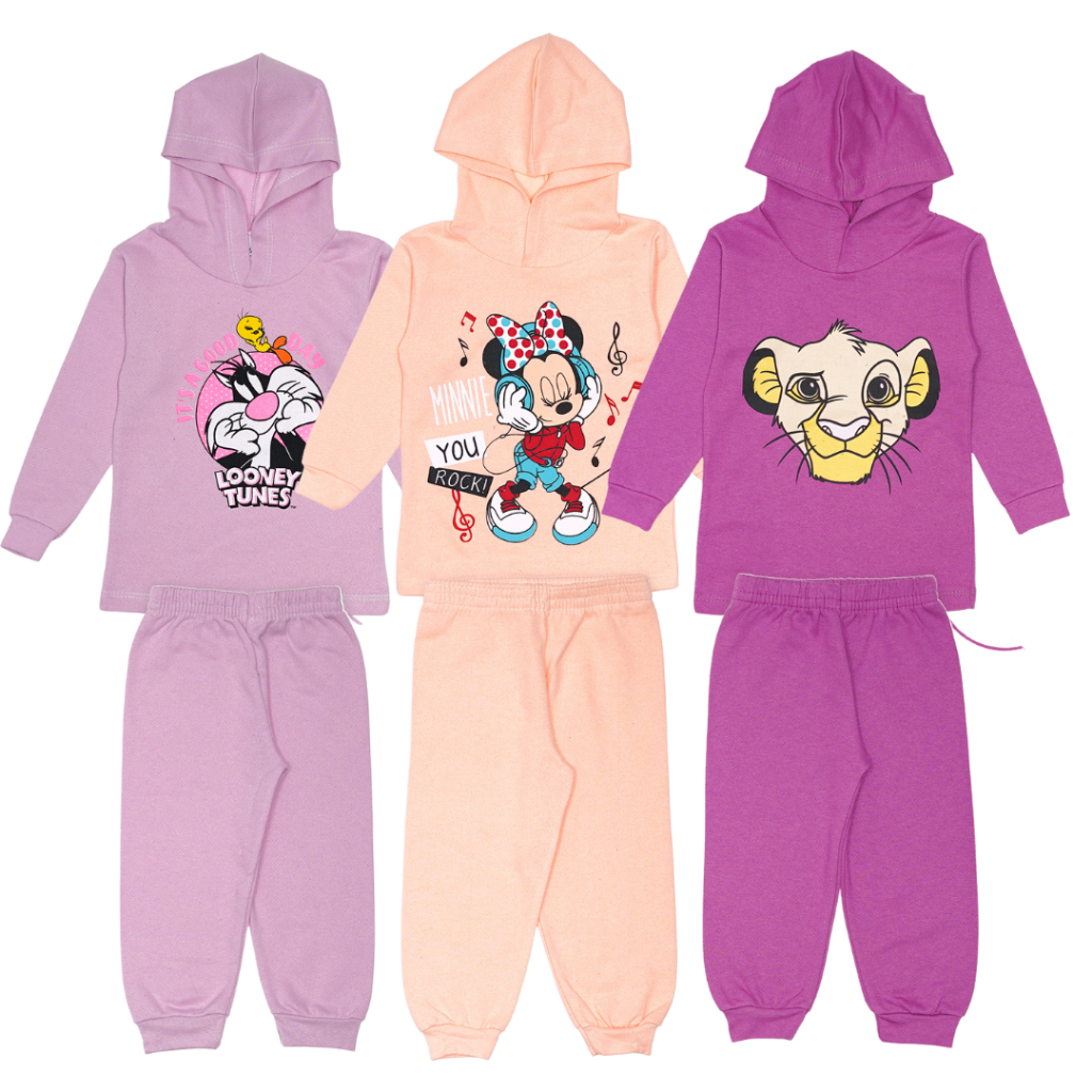 Kit 3 Conjuntos Moletom Estampado com Capuz Feminino Sortido Básico/Meia Estação Tamanho do 1 ao 8