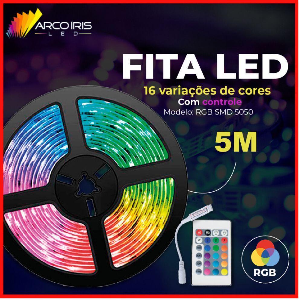 Fita LED 5050 Super Led Ultra RGB 5M 12v 300 Leds | Fita + Controle + Fonte 16 Cores Pronta Entrega
