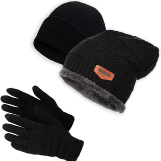 Kit Inverno 1 Touca Lisa Preta + 1 Touca De Pelinhos + 1 Luva Lisa Preta