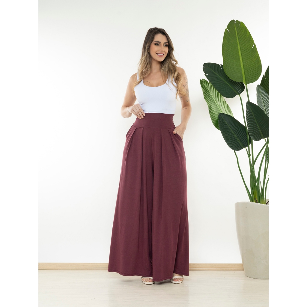 Calça Pantalona Boca Larga Soltinha Malha Viscolycra Cós Largo