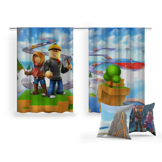 Kit Cortina Quarto Infantil E Capa Almofada Personalizada Roblox Game Desenho Menino Boy