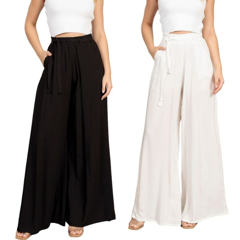 Kit 02 2 Calça Calca Calsa Pantalona Feminina Patalona Saia Duna Elástico com Cinto Viscose Mulher