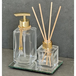 Kit Lavabo Banheiro em Vidro Porta Sabonete Liquido e Difusor de Ambiente