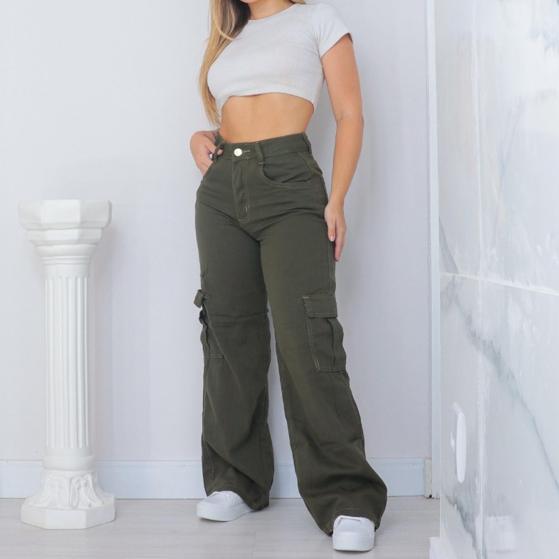 Calça Cargo Jeans Verde Militar Feminina Wide Leg Moda Casual Blogueirinha
