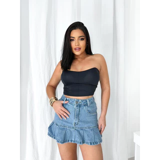 Saia Jeans Feminina Curta Desfiada Cintura Alta saia babado