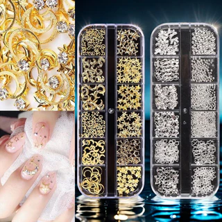 Kit 2 Caixas/3D DIY Moon star Gold Nail Art Decoration Mixed Shaped Metal Hollow Rivets Shiny Sequins Rhinestone Manicure