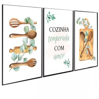 Kit 3 Quadros Cozinha temperada com amor verde, decoração de casa, cozinha, utensilios de cozinha