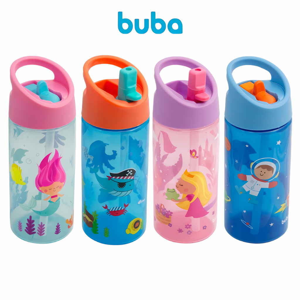 Garrafa Infantil Plástico Resistente Buba Canudo Rígido 380 ML +18 ...