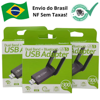 Adaptador Wi-fi e Bluetooth USB Dual Band 2.4G e 5Ghz 1300Mbps 2 Antenas 5G