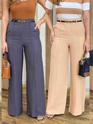 Kit 2 Calças Pantalona Feminina ZARA Modelo Calça Social de Alfaiataria, Cintura Alta com Cinto e Bolso Elegância Luxo Tendencia Blogueira
