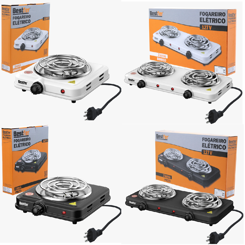 Fogareiro Eletrico Portátil 1 ou 2 bocas 110v 220v Cooktop Camping Preto Branco Bestfer