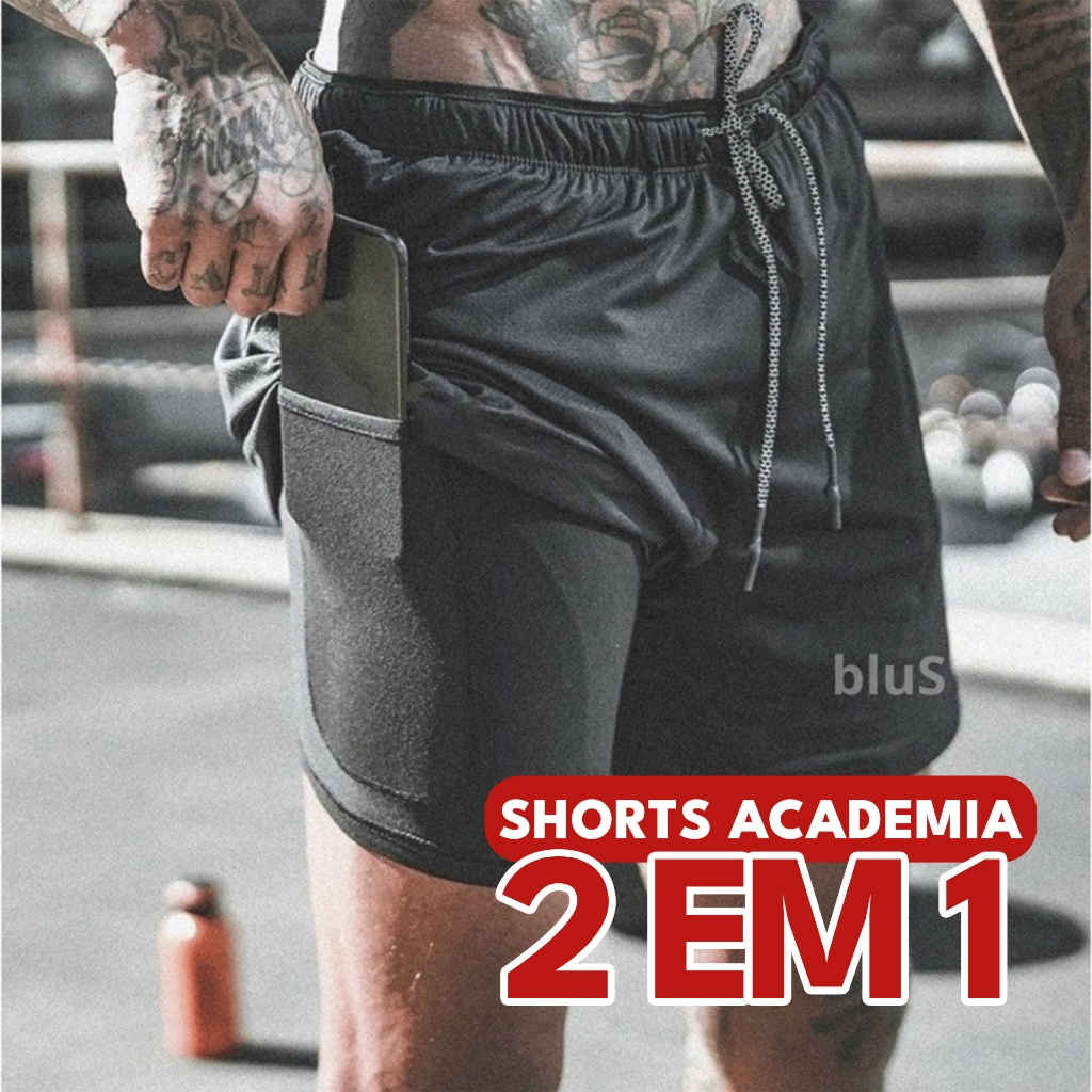 Bermuda Elastano 2 em 1 Shorts Academia Masculina Treino Esporte Corrida Casual