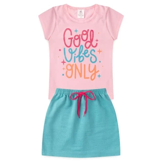 Conjunto Infantil Rosa Good Vibes Menina - Duas Peças: Saia + Camiseta - Tamanho 02 a 12