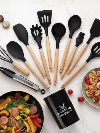 Jogo de Cozinha Kit C/12 Pçs de Silicone Utensílios e Copo Suporte para Cozinha Cabo de Madeira ALEX