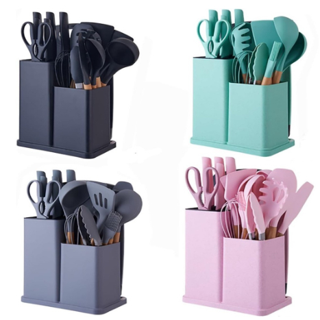 Kit 19 Peças Completo Jogo Utensílios de Cozinha Luxo Com Tábua em Silicone Espátula Faca Tesoura Utensílios