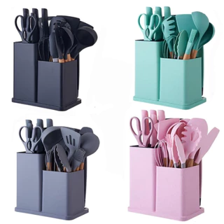 Kit 19 Peças Completo Jogo Utensílios de Cozinha Luxo Com Tábua em Silicone Espátula Faca Tesoura Utensílios