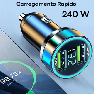 Carregador de Celular 240W Voltímetro Digital, Veicular Carro Duas USB Turbo