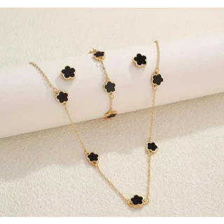 conjunto colar brinco e pulseira trevo banhado a ouro elegante moda blogueira