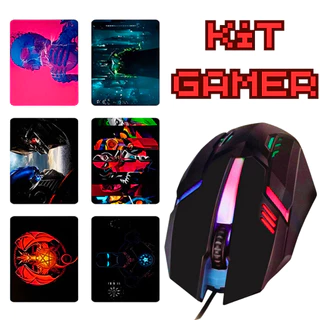 Kit Mouse Pad Gamer vários modelos + Mouse Optical Led Rgb 7 Cores Com Fio Usb 1200dpi
