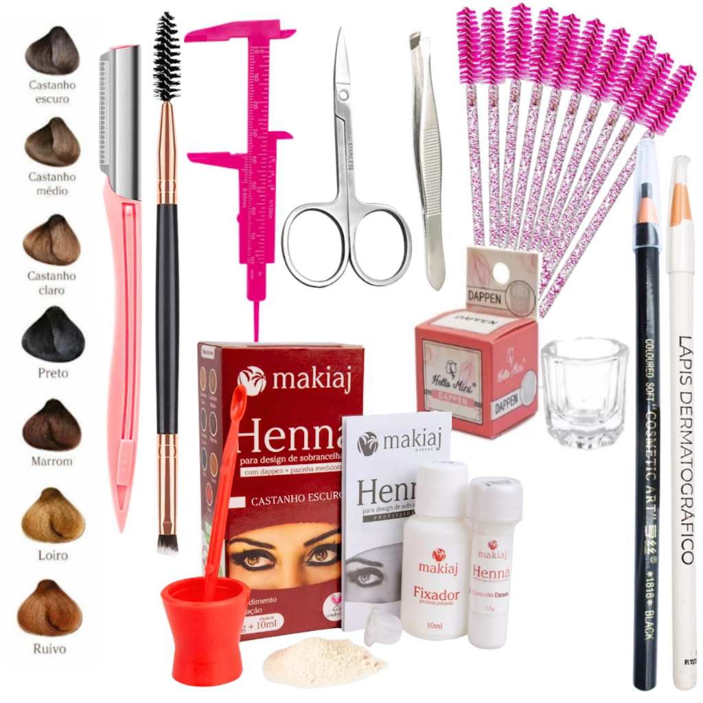 Kit Sobrancelhas Profissional Henna Renna Makiaj Designer Completo Pincel Pinça Navalha Escovinha