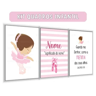 Kit 3 Quadros Infantil Bailarina Várias Cores De Cabelo Decoração De Quarto Menina Bailarina