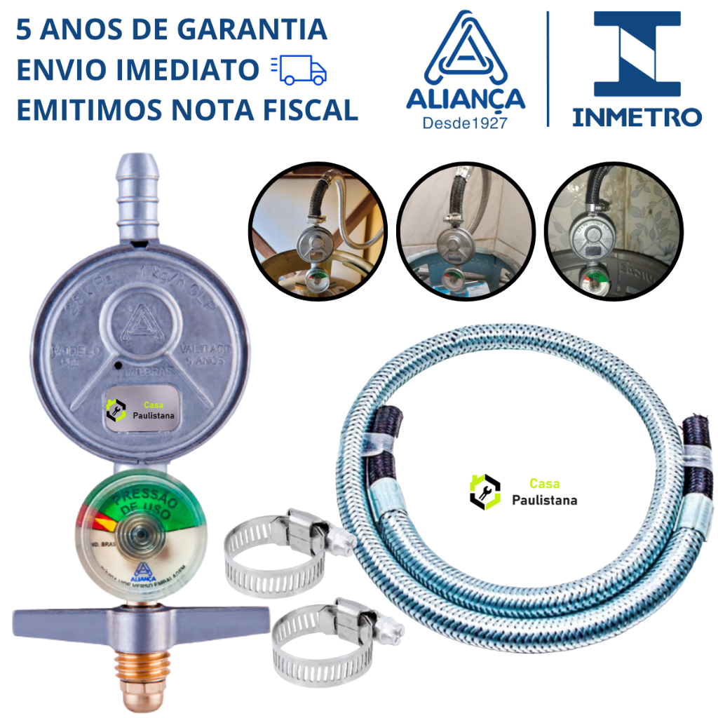Kit 2m Mangueira De Gás Metal + Registro Aliança 505/01 c/ Manômetro p/ Botijão de Cozinha