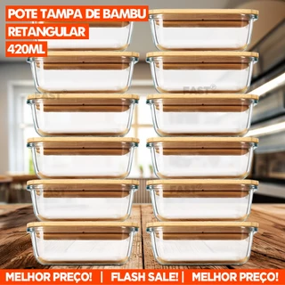 Kit 12 Potes Pote de Vidro Temperado 420ml Com Tampa de Bambu Organizador de Geladeira Marmita Com Alta Vedação Silicone