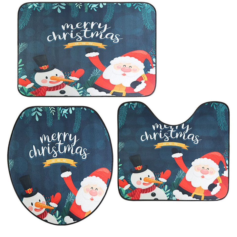 Kit Conjunto Banheiro 3 Peças Natalino Tapete Antiderrapante Emborrachado Papai Noel p/ Natal Decoração Chão Vaso Festas Eventos