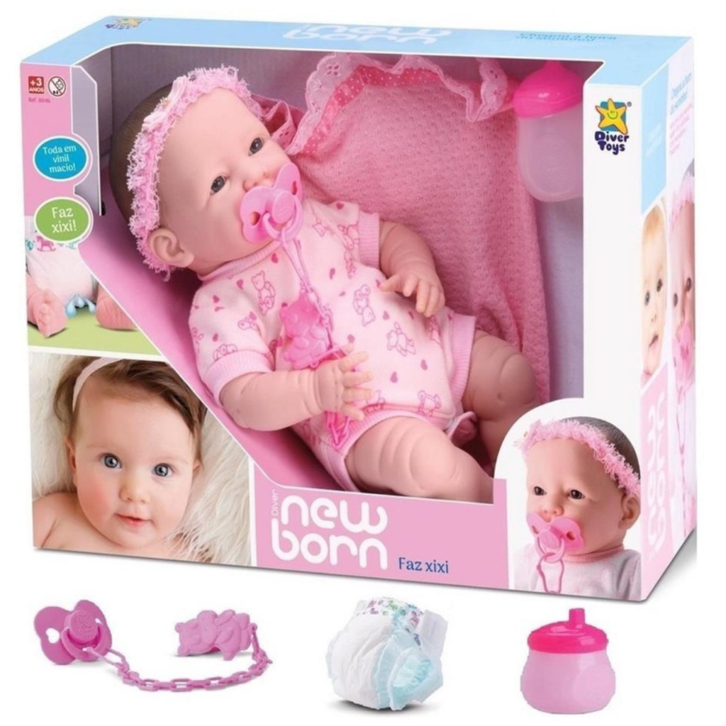 Boneca Diver New Born Faz Xixi com Mamadeira, Fralda e Manta ...