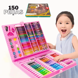 Estojo Maleta Pintura Infantil Kit 24 a 150 peças Canetinhas Lápis Variados + Desenhos Para Colorir