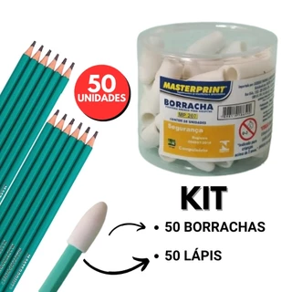 Kit 50 Lápis de Escrever Nº2 Preto + 50 Borracha Escolar Ponteira Branca Masterprint