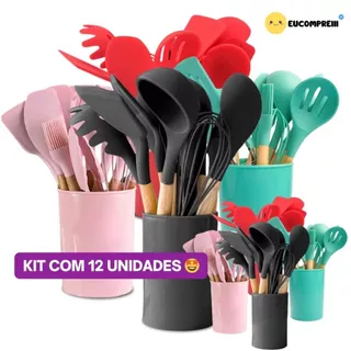 Kit C/ 12 Utensílios Cozinha Silicone Cabo Madeira | Promoção