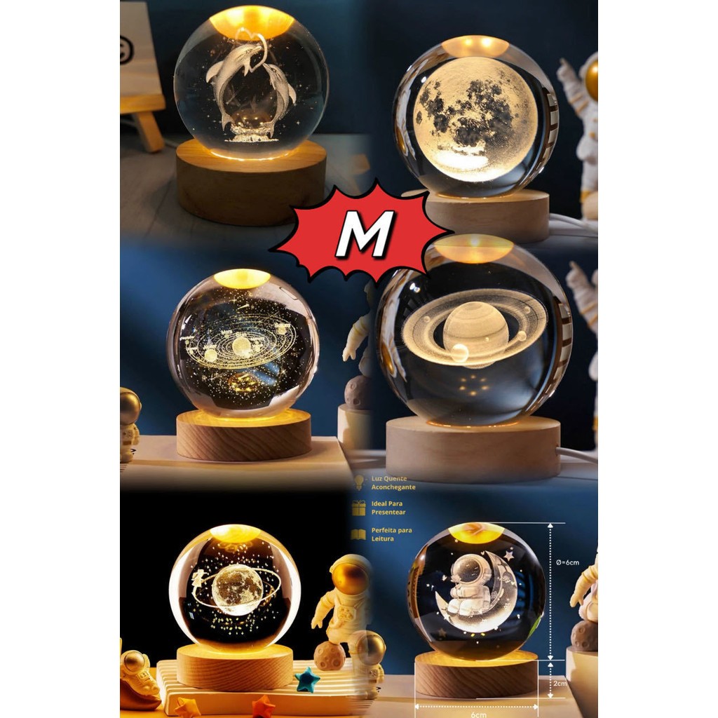 Mini Luminária Led Globo De Vidro Planetário 3d Com Cabo USB Com