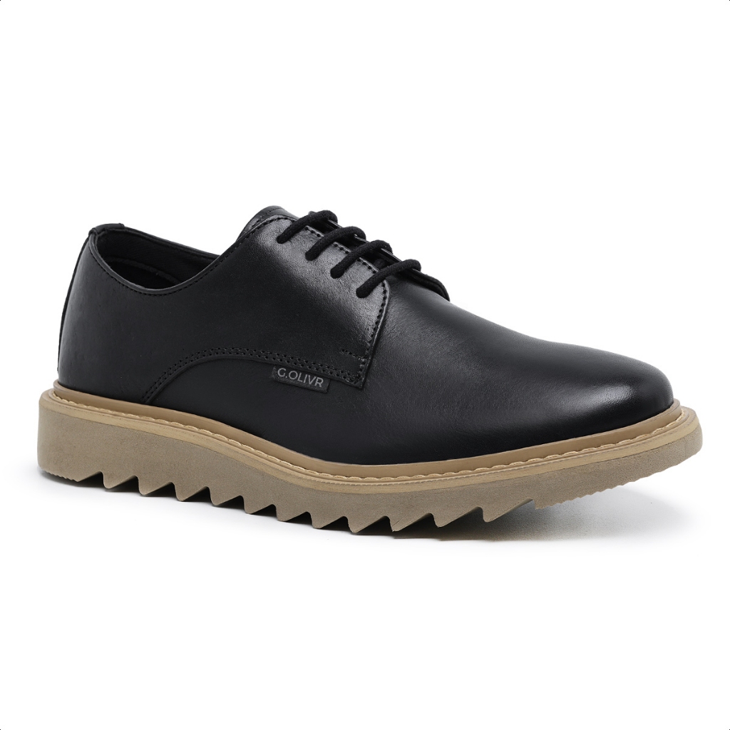 Sapato Tratorado Masculino Couro All Black Casual Derby Leve