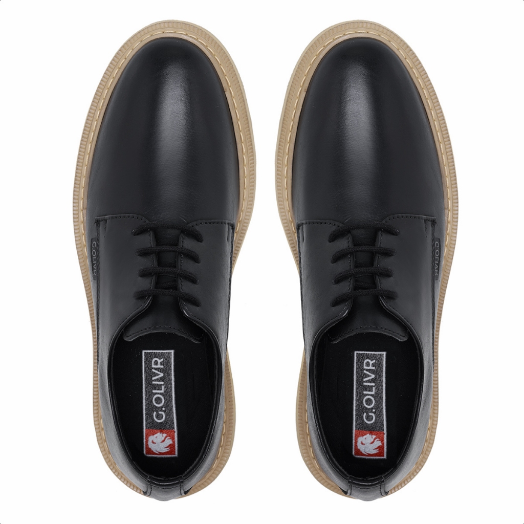 Sapato Tratorado Masculino Couro All Black Casual Derby Leve