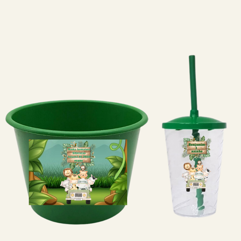 Kit Personalizados Balde De Pipoca + Copo Twister 20 Unidades Safari Baby