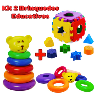 Kit 2 Brinquedos Bebê Educativo Infantil Urso Argolas+ Cubo Montar e Encaixar Menino e Menina 1 Ano