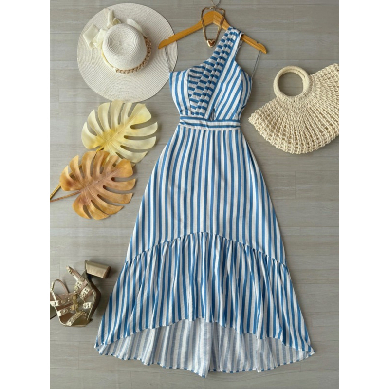 Vestido Longo Feminino Listrado Verão 2025 Maxi Leve Elegante