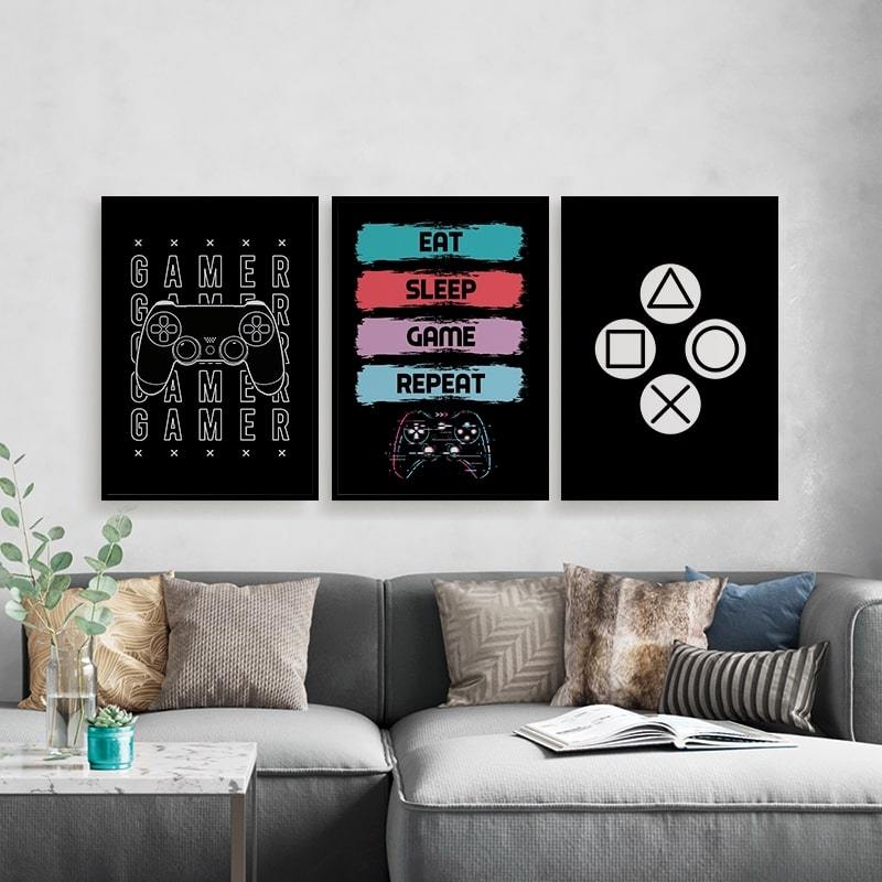 Kit 3 Quadros Games Controle de video game, geek, Eat, sleep decoração de escritorio, quarto infantil menino
