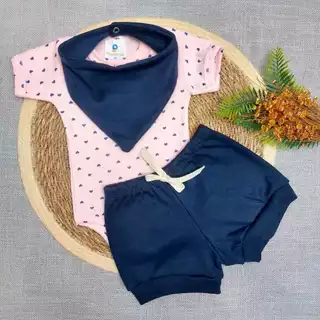 Conjunto de Bebê Recém Nascido com 3 peças Body Short e Bandana neném menino ou menina
