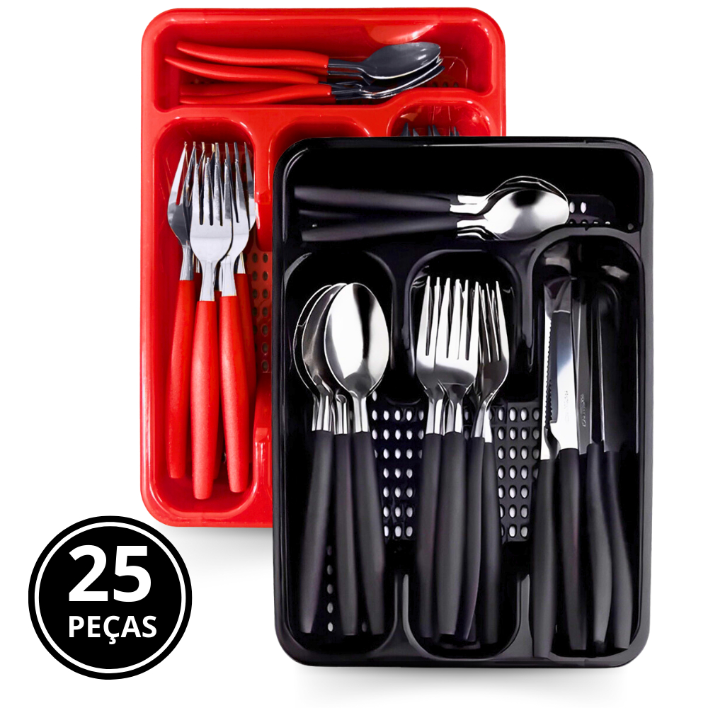 Jogo De Talheres Inox Com 24 Peças + Suporte Gaveteiro Faqueiro Cozinha - Promoção