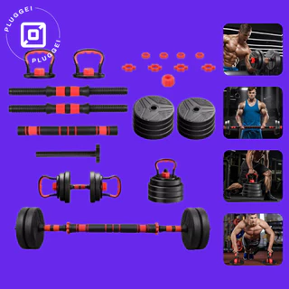 Kit Halteres 6 Em 1 Musculação Até 15kg Ajustável Kettlebell Barra Anilha